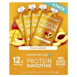 Designer Wellness, Protein Smoothie, Peach Mango, 4 Packs, 4.2 oz (120 g) Each