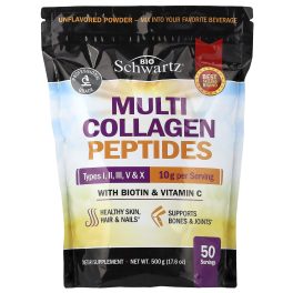 BioSchwartz, Multi Collagen Peptides Powder, Types I, II, III, V & X, With Biotin & Vitamin C, Unflavored, 17.6 oz (500 g)