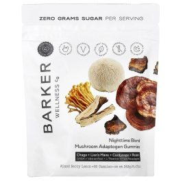 Barker Wellness Co, Nighttime Blend, Mushroom Adaptogen Gummies, Mixed Berry Lemon, 60 Gummies