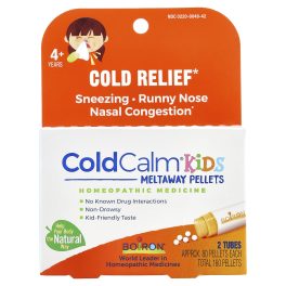 Boiron, ColdCalm® Kids Meltaway Pellets, 4+ Years, 2 Tubes, Approx. 80 Pellets Each